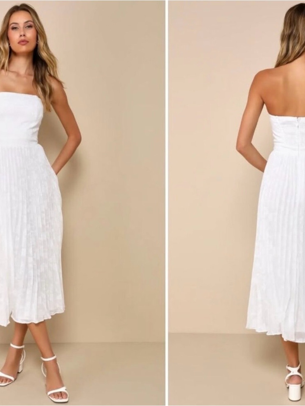 Lulu's White Strapless Pleated Midi Dress